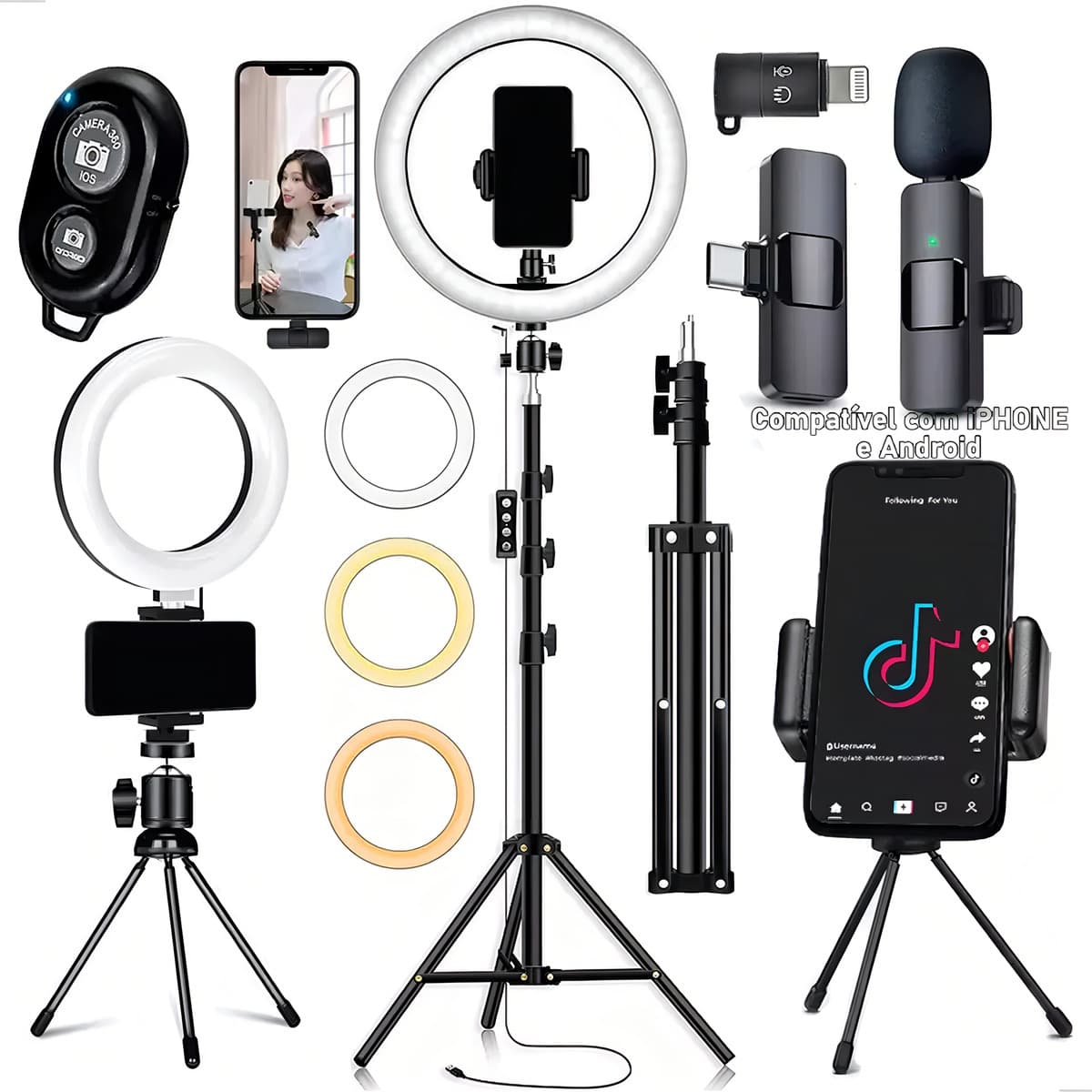 Kit Youtuber 2 Ringlinght Iluminador Microfone Lapela Sem Fio Bluetooth Selfie Estrutura Preto Luz 3 Temperaturas Dreamfull