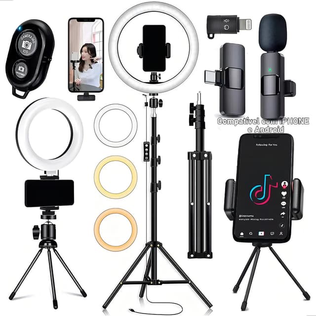 Kit Youtuber 2 Ringlinght Iluminador Microfone Lapela Sem Fio Bluetooth Selfie Estrutura Preto Luz 3 Temperaturas Dreamfull