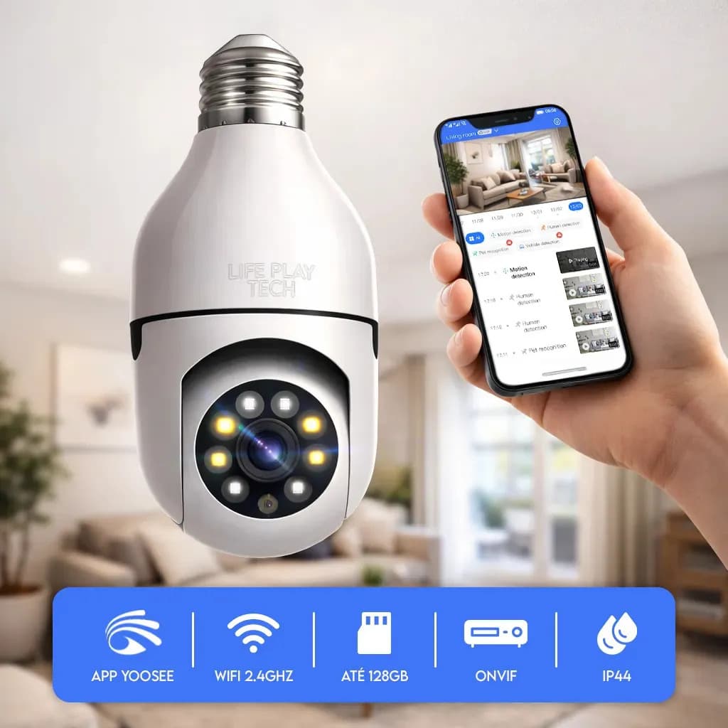 Câmera Segurança Lâmpada WiFi 360° Full HD 1080p Visão Noturna Infravermelho Áudio Bidirecional Soquete E27 App Yoosee 2.4GHz Rotação 360x90° Monitoramento Residencial Empresa