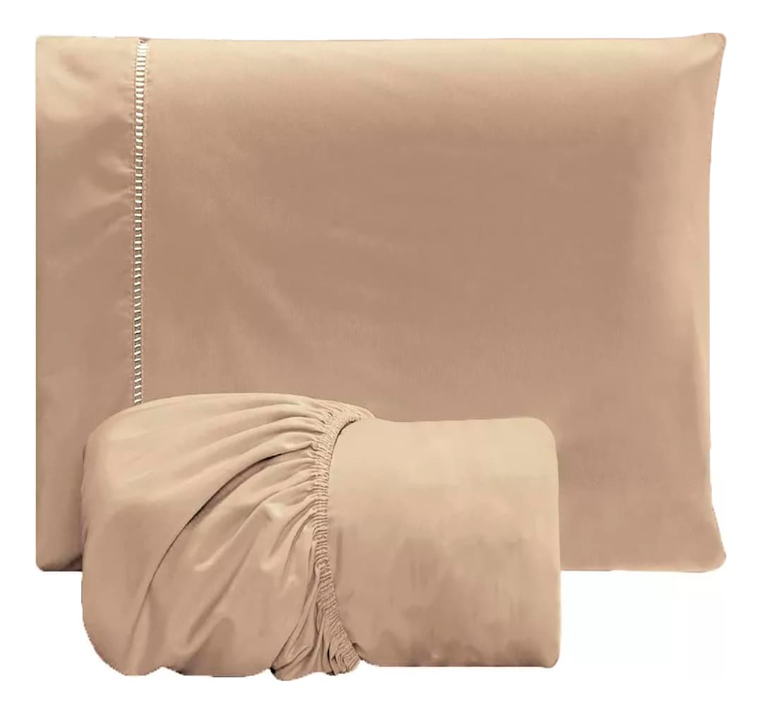 Jogo Lençol 2 Peças Solteiro Hipercal 400 Fios Leve Luxo Cor Bege Desenho do Tecido Liso