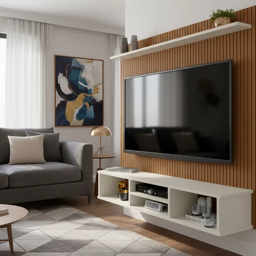 Painel Clique Móveis Tv 50 Ripado 3d Off White com Nichos