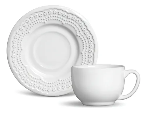 Jogo Café da Manhã Porto Brasil 12 Peças Cerâmica Feldspática Branca Branco Relevo