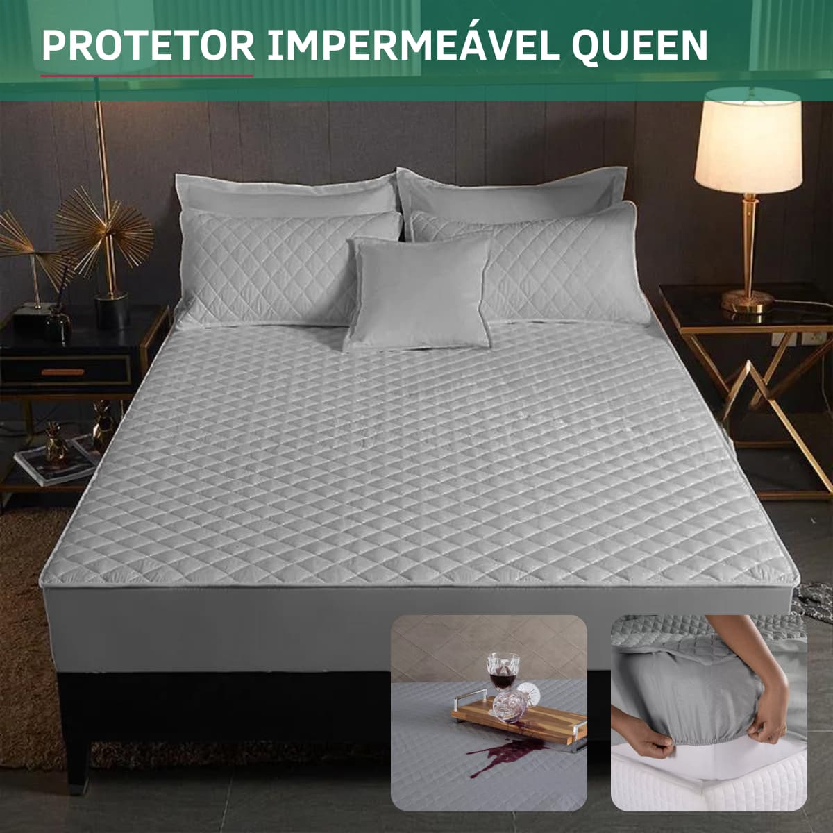 Protetor de Colchão Impermeável Antialérgico Queen Matelado Antiácaro Macio Silencioso e Não Esquenta Cinza