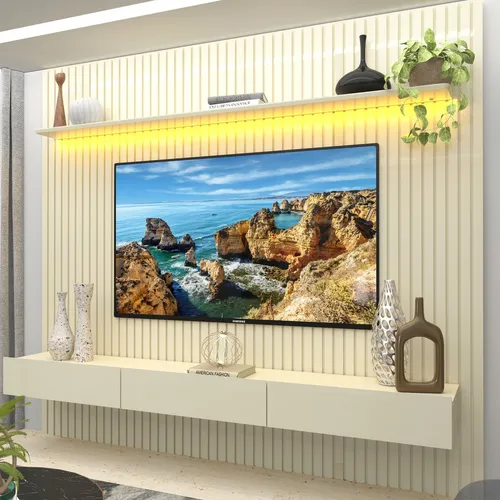 Painel Ripado Tv Até 85 Polegadas com LED 230cm Nobre Off White