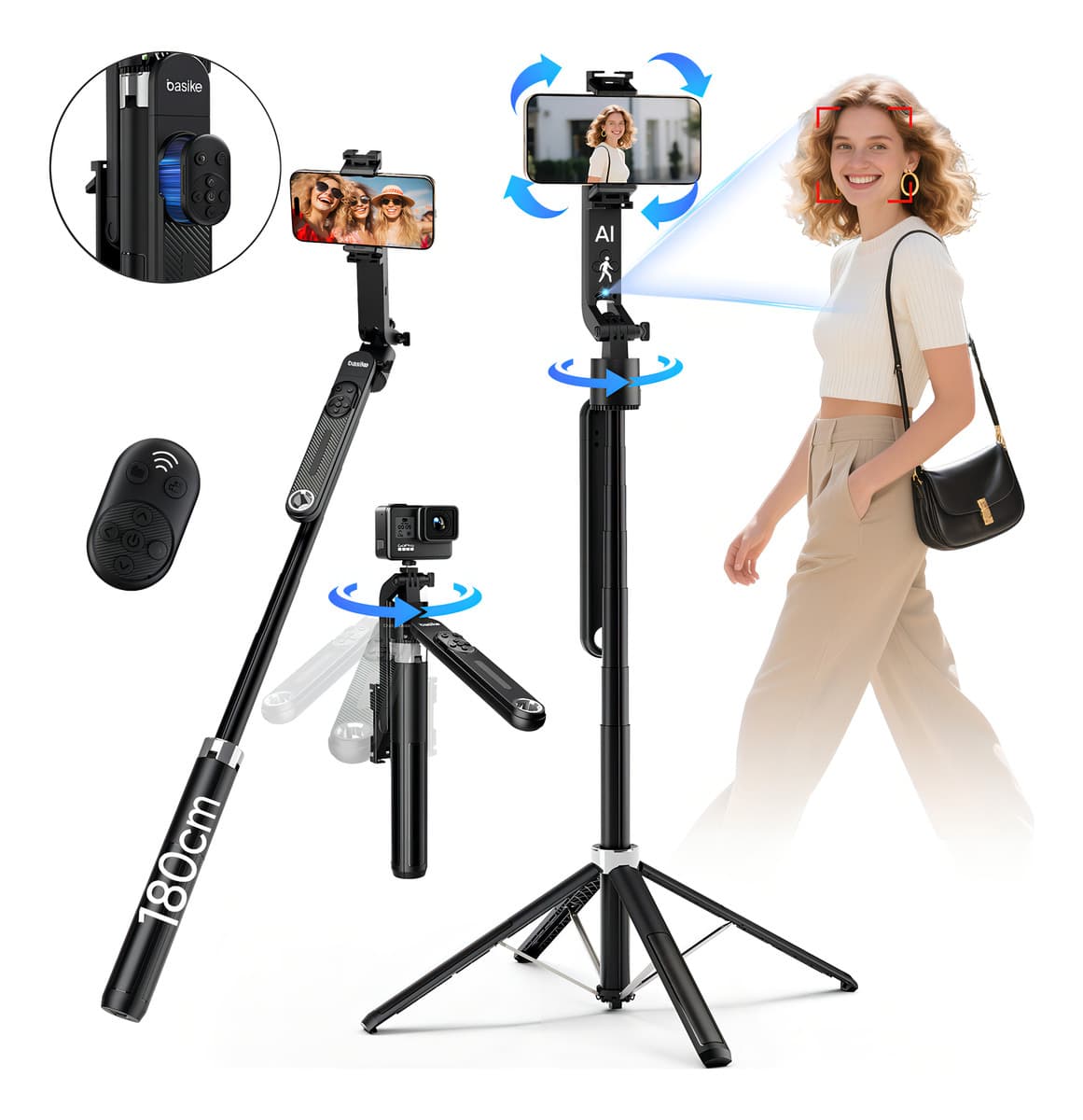 Tripé Inteligente 1.8m com Rastreamento Facial Ai Estável 360° para Celular、Câmera、Vlog e Gopro, Basike Tripé Celular Profissional Universal Bastão Selfie com Controle Remoto Bluetooth