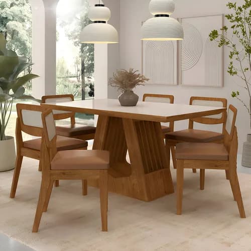 Conjunto Mesa de Jantar Santiago com 6 Cadeiras Sextavada Freijó/off Premium/corino Caramelo - Móveis Arapongas Freijó/off Pre/corino Caramelo Liso