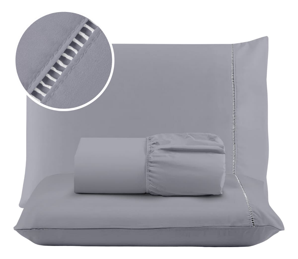 Jogo Lençol 400 Fios 3 Peças Cama Casal Ponto Palito Tecido Liso - Cinza