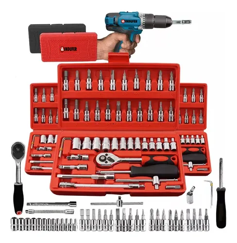 Kit Jogo de Chave Catraca Soquete 46 Peças Combo Jogo Ferramentas Profissional Chave Fenda Philips Soquete 1/4 em Aço Crv Resistente Completo para Manutenção Carro Moto Casa Marca Indufer