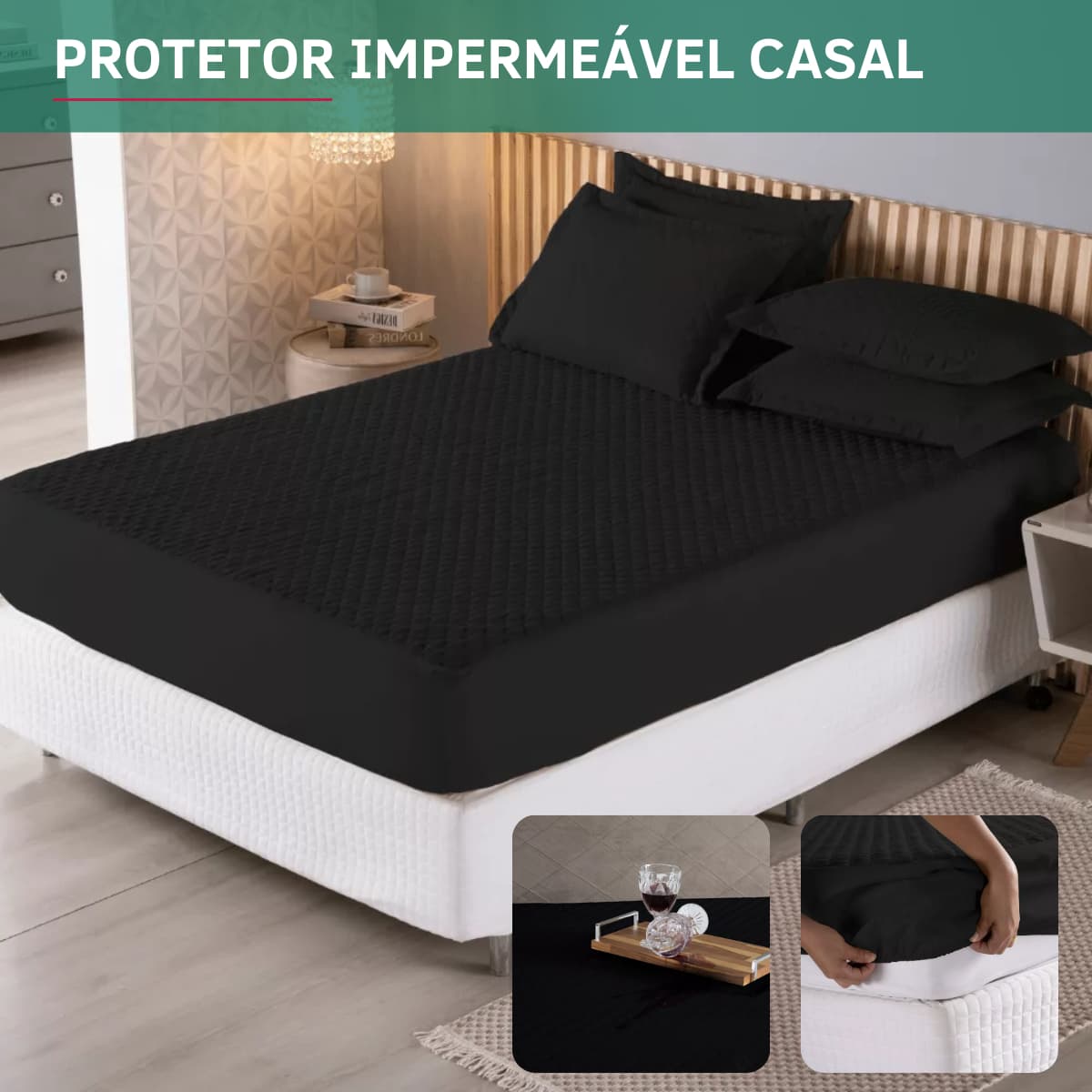 Capa Protetora de Colchão Casal Matelado Impermeável Antiácaro Antialérgico Respirável Macio e Não Esquenta Preto