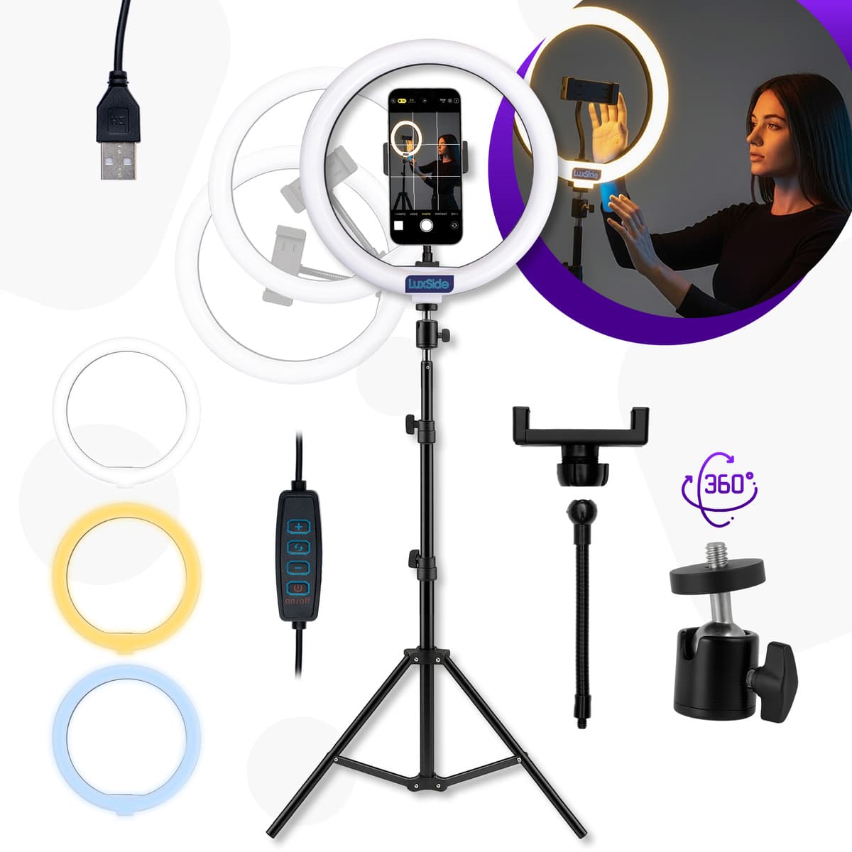 Ring Light 10 Polegadas com Tripé 2,10m Profissional Video Maker Suporte Celular e LED 3 Cores Iluminação Maquiagem e Gravações Luxside