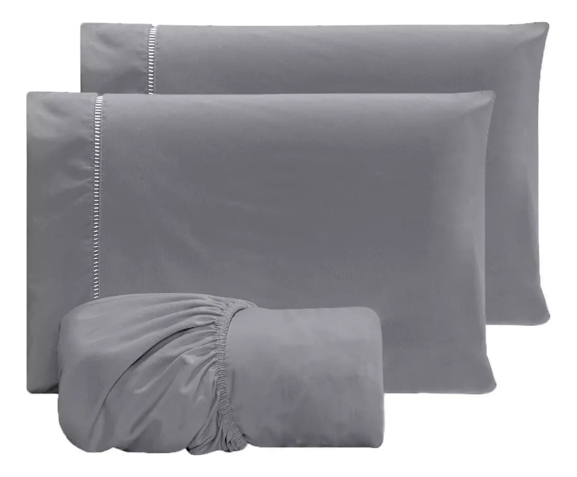 Jogo de Lençol Queen Micropercal 400 Fios Sofisticado 3pç Cor Cinza Desenho do Tecido Liso