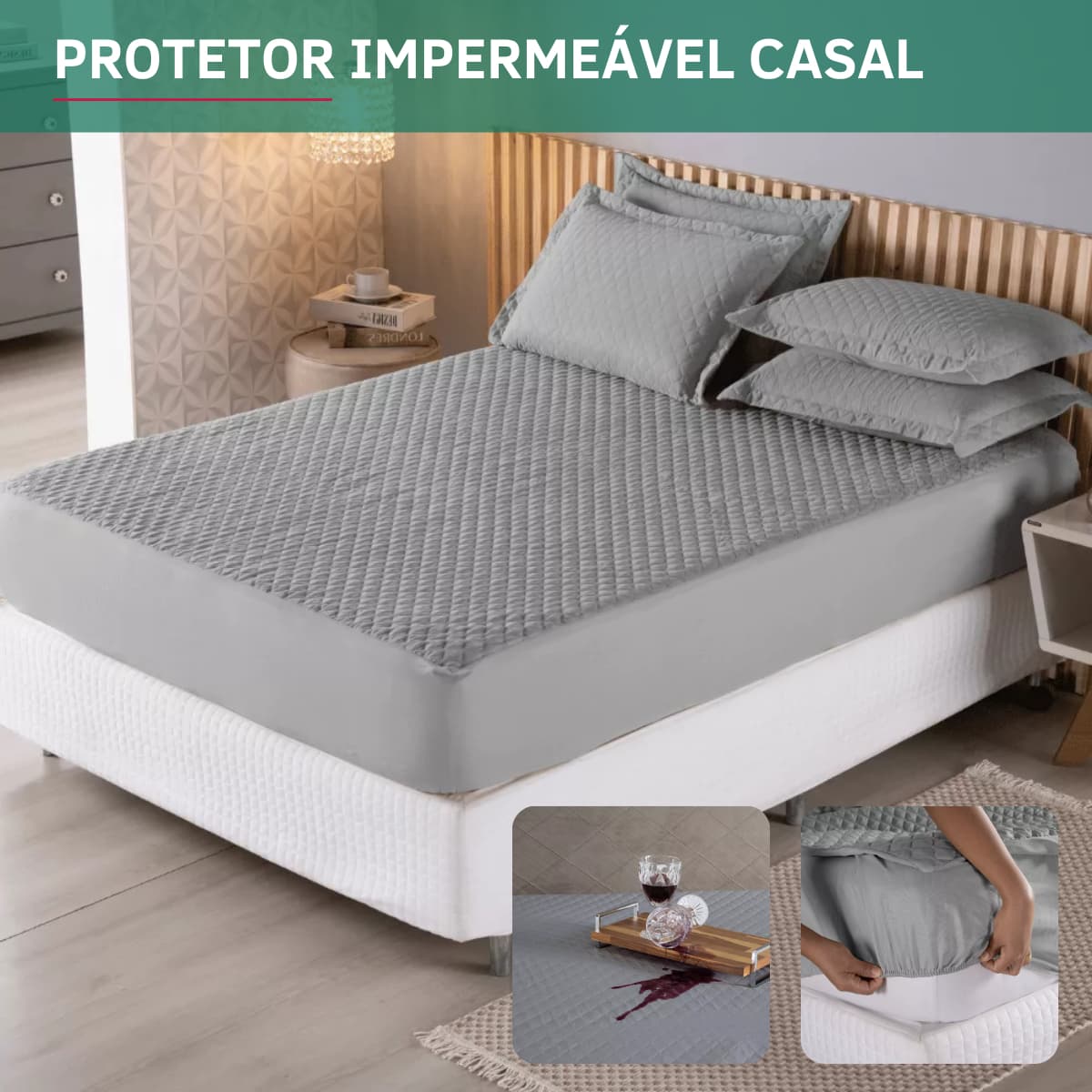 Protetor de Colchão Impermeável Casal Matelado Antiácaro Antialérgico Capa Respirável Macio e Silencioso Cinza