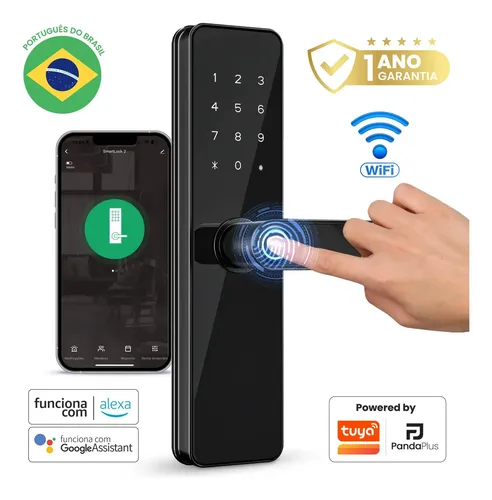 Fechadura Eletrônica Inteligente Abertura Biométrica Cartão Tag Senha Compatível com Alexa Google Assistente App Pandaplus Tuya Cor Preto