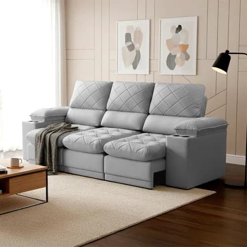 Sofá Veneza 2,40m Retrátil Reclinável Cinza USB Porta Copos Cinza