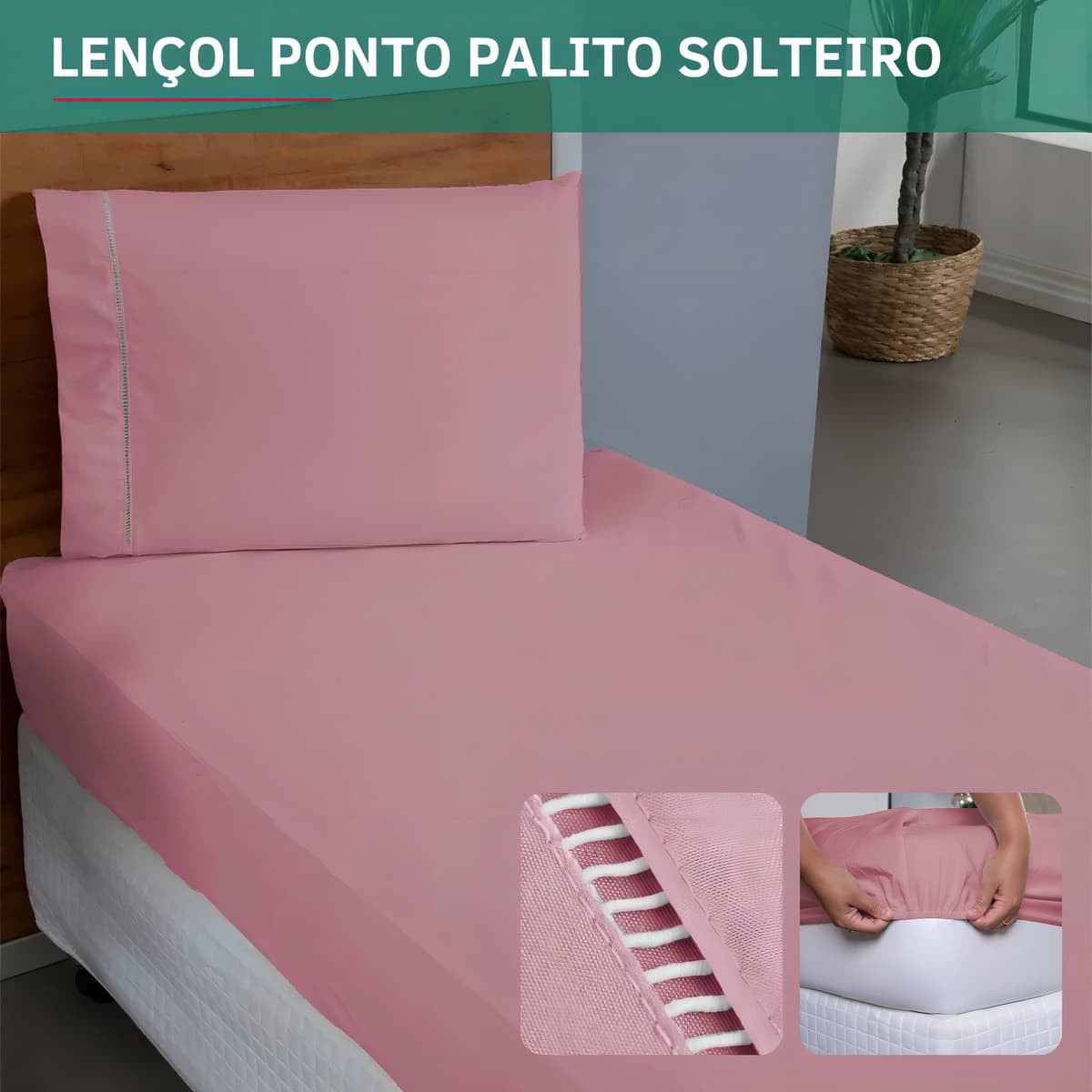 Jogo de Cama Solteiro 2 Peças Percal 400 Fios Elástico Ajustável Fronhas Hotel Luxo Toque Macio Cor Rose Pemium