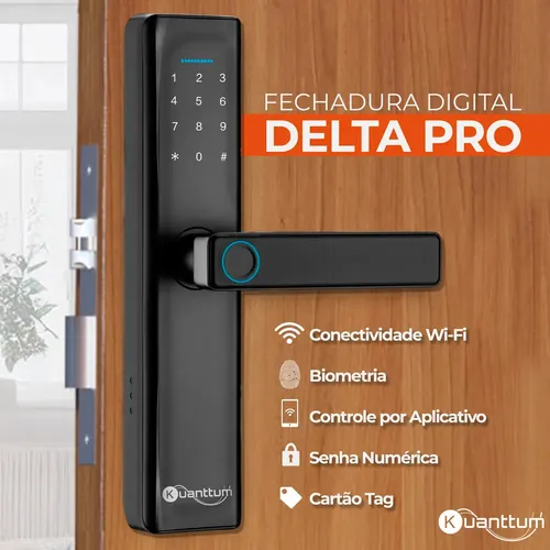 Fechadura Digital Biométrica Kuanttum Delta Pro Wifi Senha App Tuya Preta Preto
