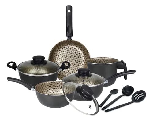 Jogo de Panelas Antiaderente 8 Peças Decorada Teflon Cor Grafite/beje Decorado