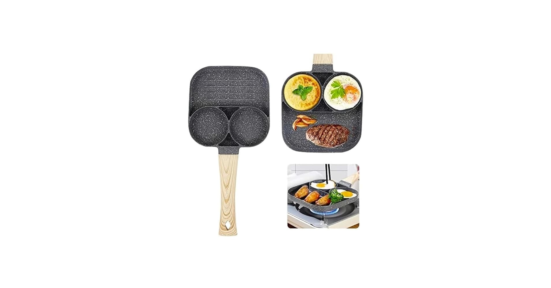 Frigideira Antiaderente 3 Partes Ovo Hambúrguer Alça Madeira