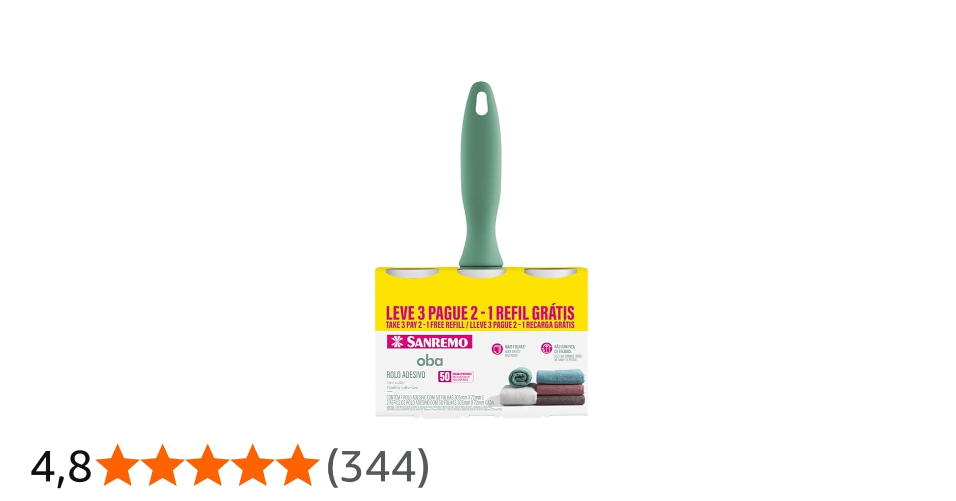 Sanremo - Kit de Rolo Adesivo de 50 Folhas Ultra Adesivas, com Dois Refis, Linha Oba