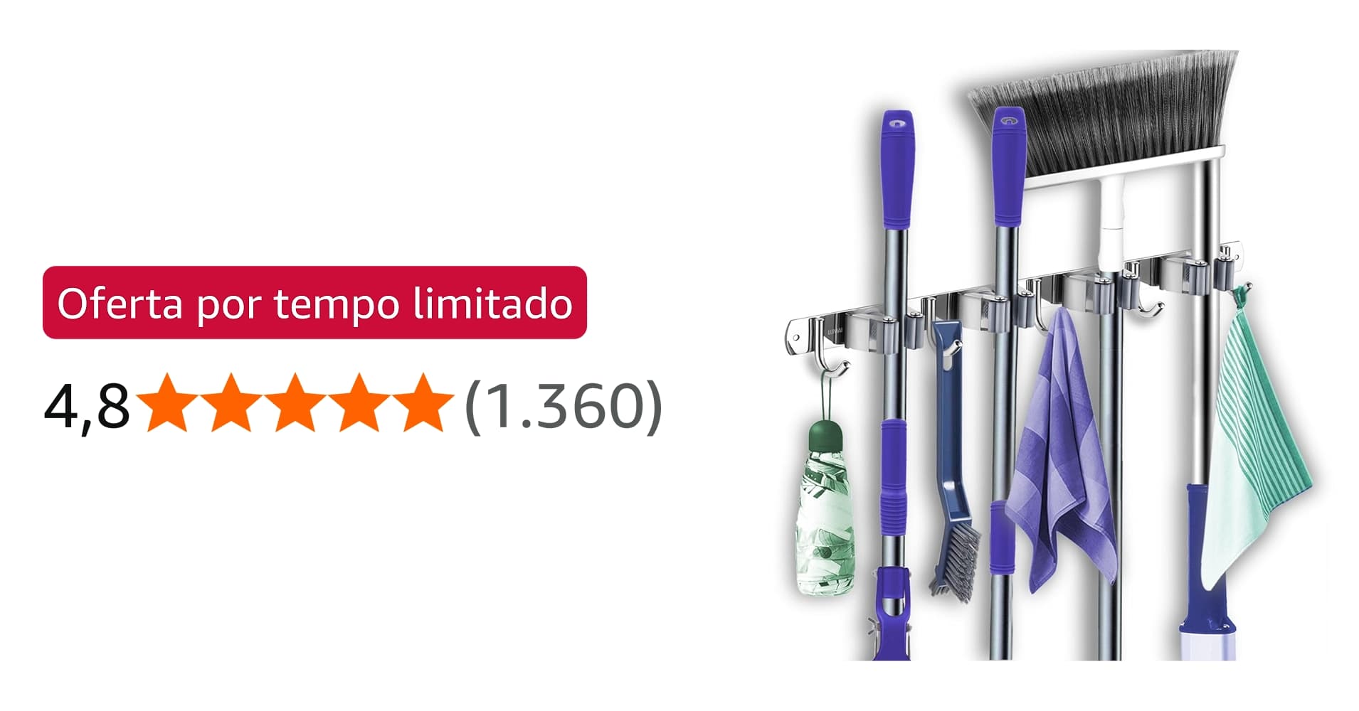 Oferta: Suporte de Vassoura 9 Acessórios de Parede Inox Porta Vassoura Vassoureiro Lumai
