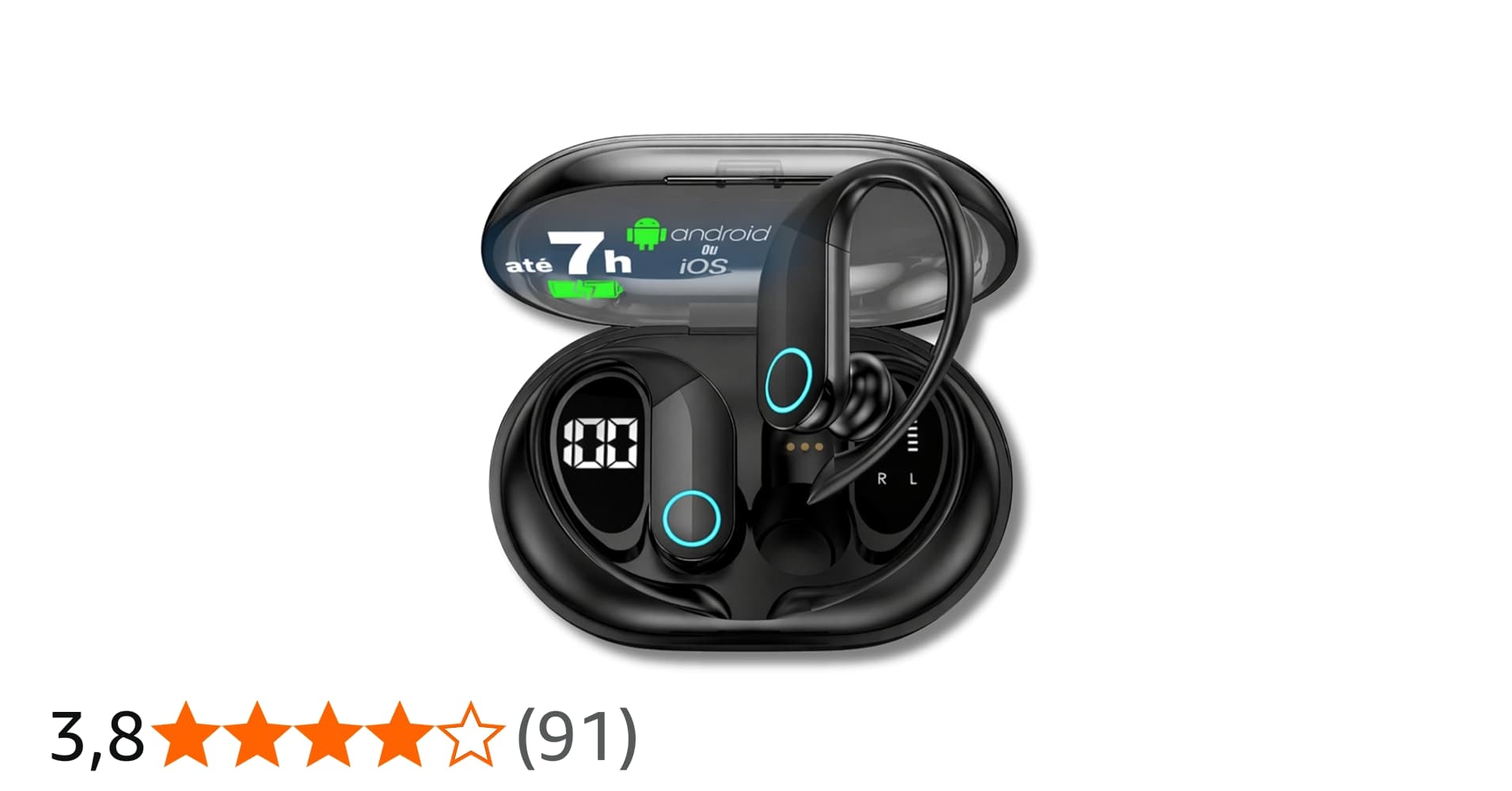 Fones de Ouvido Bluetooth Sem Fio, Esportivo C/ 80h de Reprodução com LED Display e com Gancho Anti Quedas, Ipx7 À Prova d'Água, Graves Profundos, Compatível com iOS e Android - Esportes/Treino