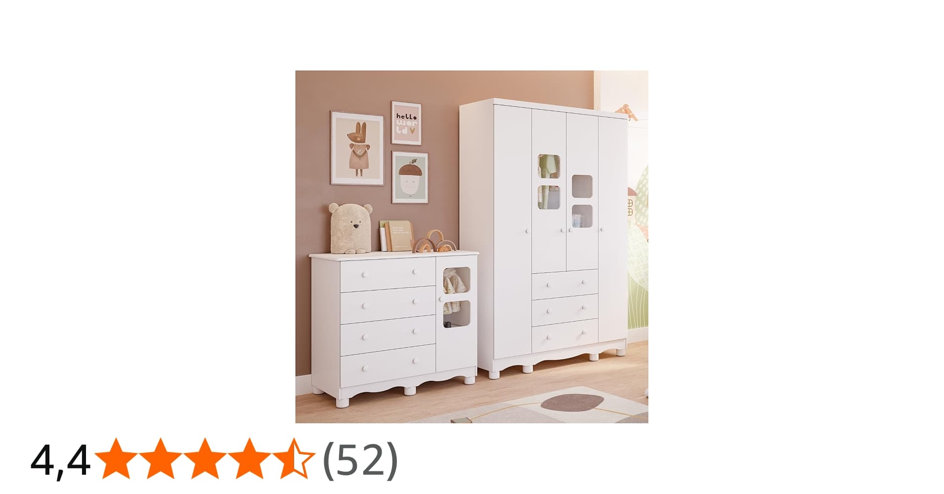 Quarto de Bebê Completo com Guarda Roupa Uli 4 Portas Cômoda Uli 4 Gavetas Móveis Peroba Branco Brilho