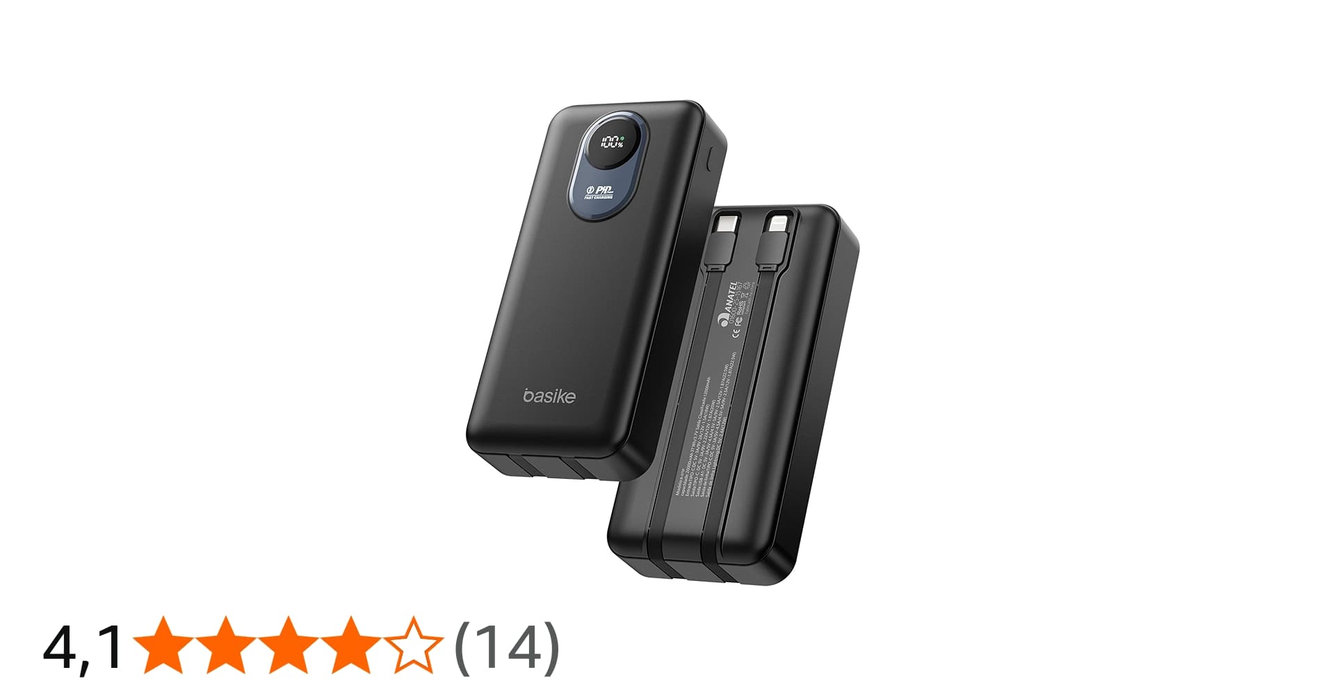 Basike Power Bank 20000mAh, Carregador Portátil com Carregamento Rápido, Usb-c (máx. 20w, Pd) + Usb-a (máx. 22,5w Qc), Inclui 2 Cabos Embutidos (usb-c e Lightning), Proteção Múltipla – Preto