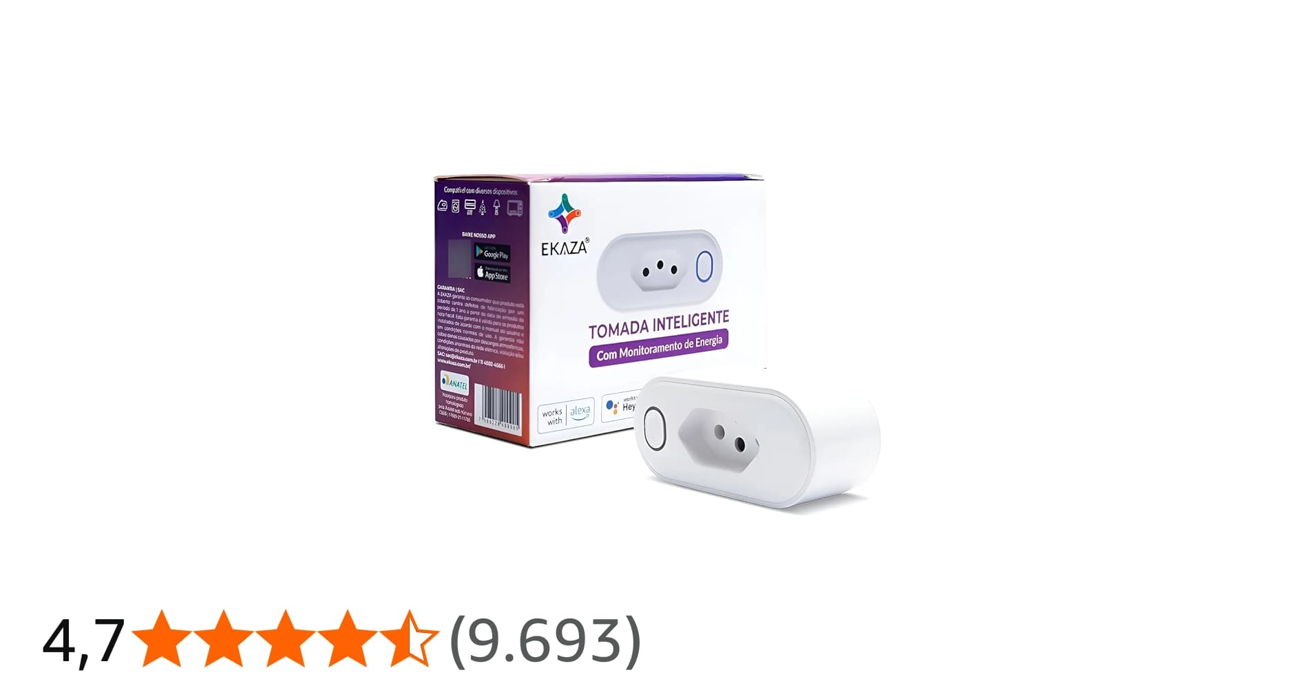 Ekaza, Tomada Inteligente 16a, Wi-fi, com Medidor de Consumo, Compatível com Alexa e Google Assistente – T005
