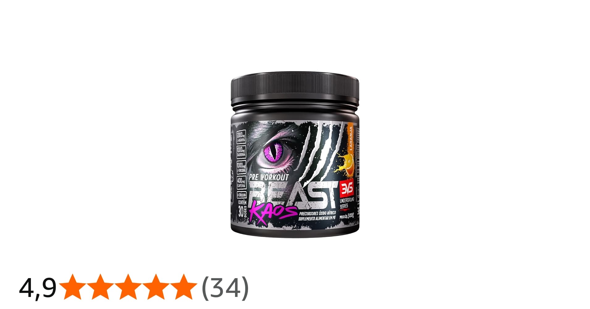 3vs Nutrition Pré-Treino Beast Kaos –Extra Forte com Citrulina, Beta Alanina, Cafeína, Arginina, Taurina e Tirosina 300gr, Sabor Laranja