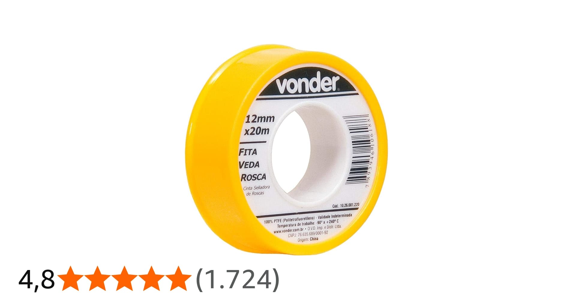 Vonder, Fita Veda-Rosca 12 Mm X 20 M. : Amazon.com.br: Ferramentas e Materiais de Construção