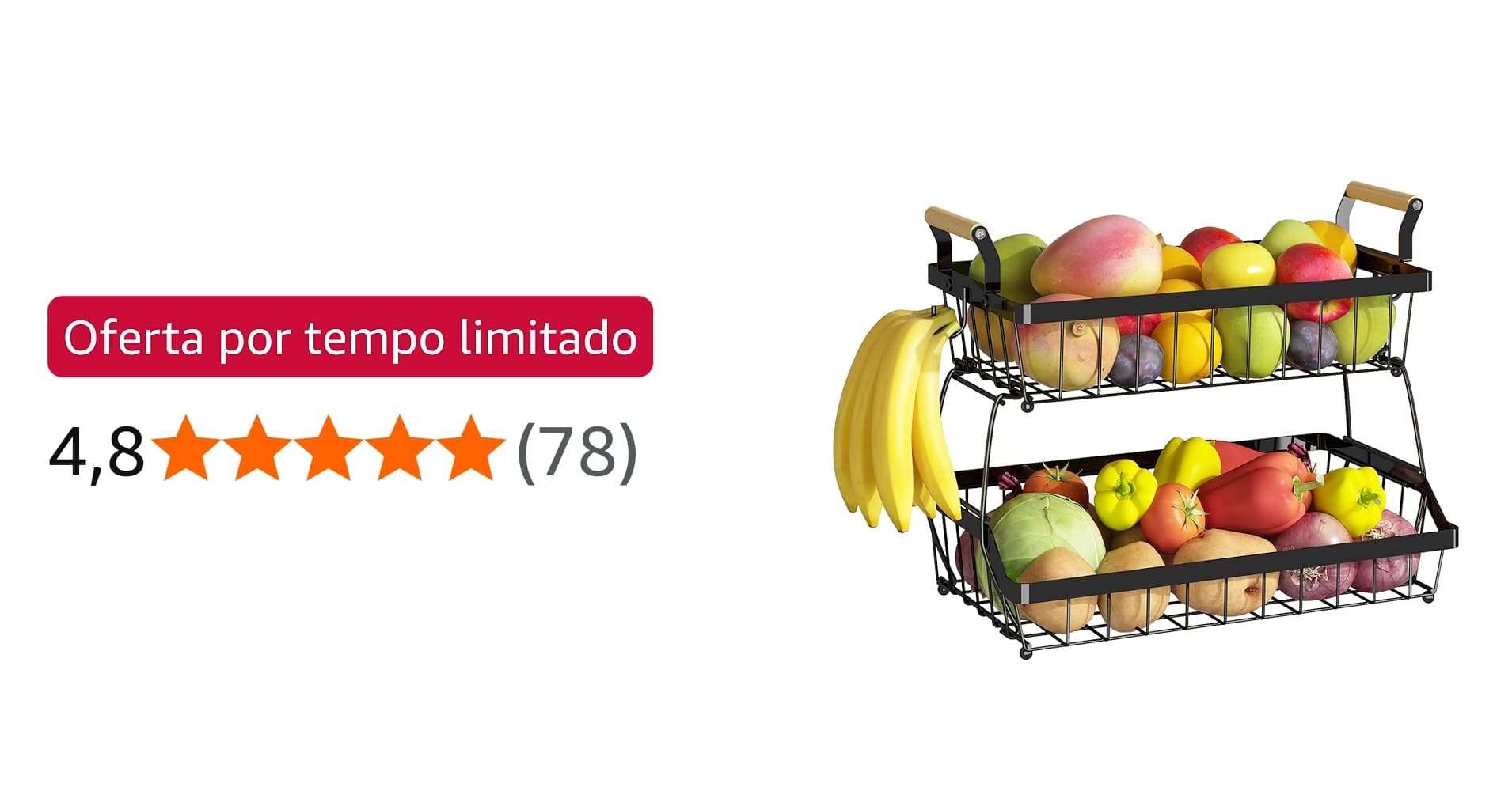 Oferta: Fruteira Cesto de Mesa 2 Andares em Metal Preto com Alça de Madeira Pequena – Cesta Organizadora de Frutas Decorativa para Cozinha e Sala,Fruteira de Mesa Organizador de Frutas (2 Níveis com Alça)
