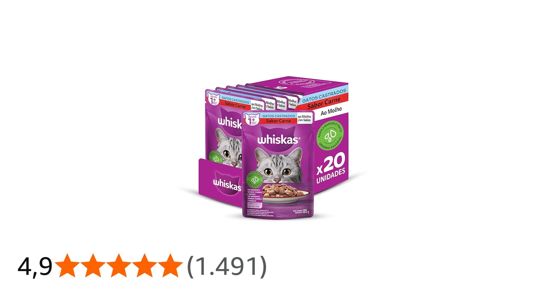 Pack Ração Úmida Whiskas Sachê Carne Ao Molho para Gatos Adultos Castrados 85 G - 20 Unidades