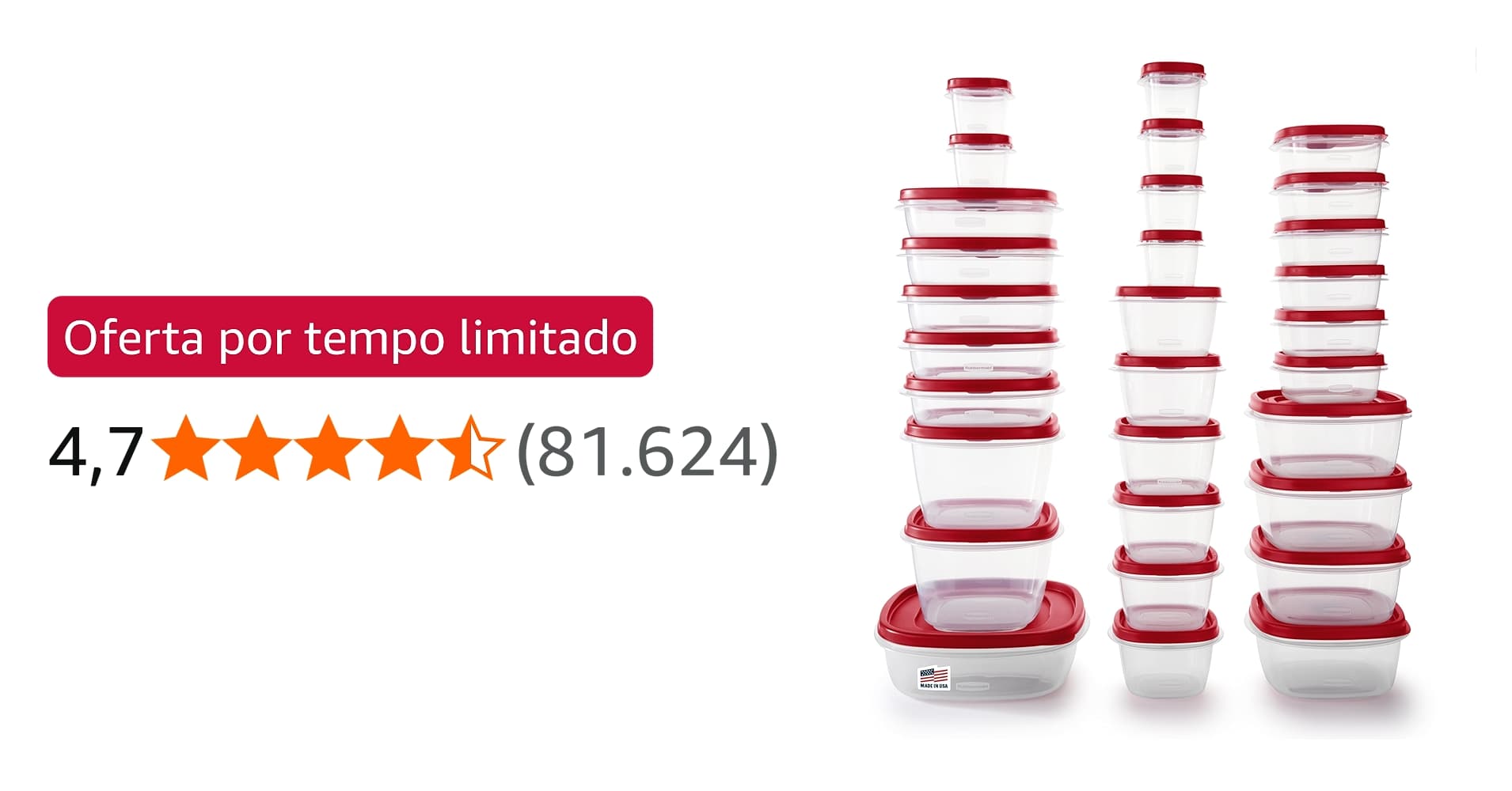 Oferta: Recipientes para Alimentos Rubbermaid, 60 Peças com Tampas, Transparente e Vermelho