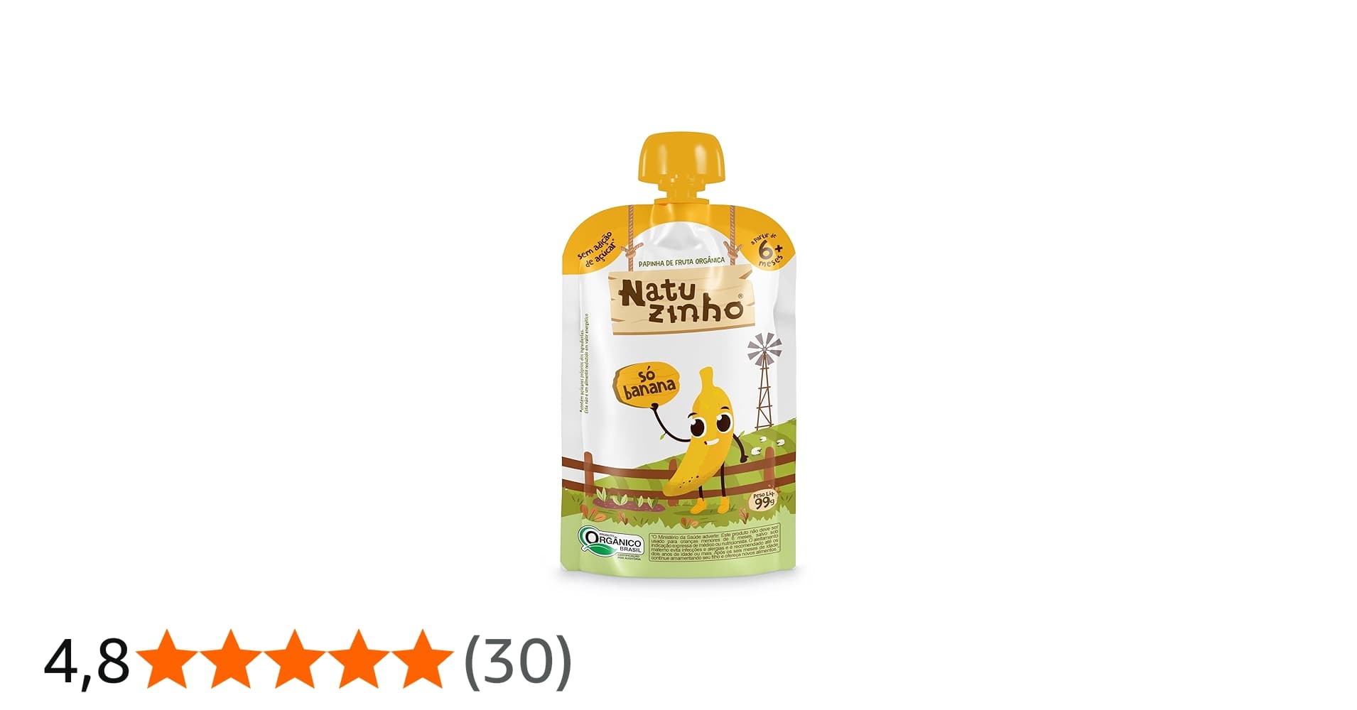 Natuzinho, Papinha Orgânica para Bebê, Sabor Banana, Sem Açúcar, Aditivos Ou Conservantes, Ideal para Introdução Alimentar, 99g