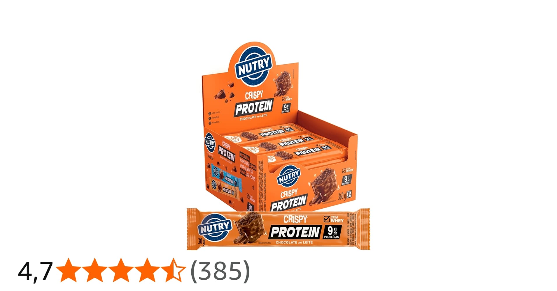 Nutry Barra de Proteínas Crispy Chocolate Ao Leite 30g - Display com 12 Unidades - com Whey e 9g de Proteínas