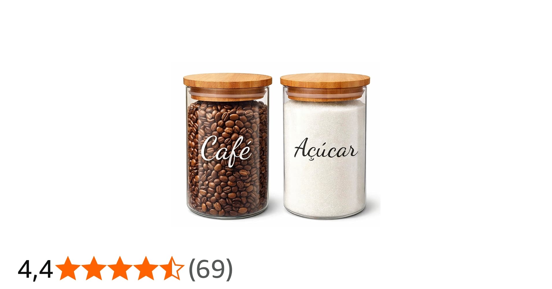 Potes Herméticos de Vidro com Tampa de Bambu 1200ml Conjunto com 2 Unidades para Café e Açúcar Transparente