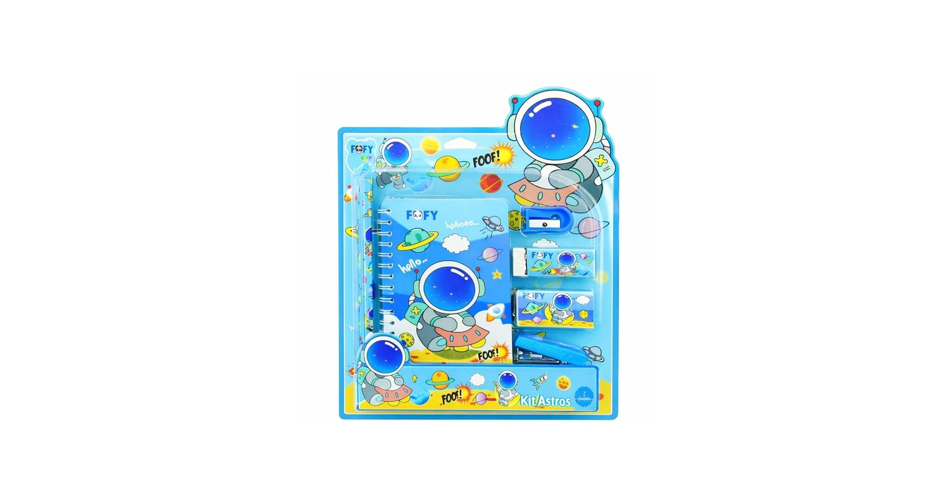 Kit Escolar Astronauta com 7 Peças, Caderno 20 Folhas 14,5x10cm, 2 Lápis Hb, Borracha, Apontador, Grampeador, Caixa de Grampos, Tema Astros, Ideal para Uso Diário, Escolar