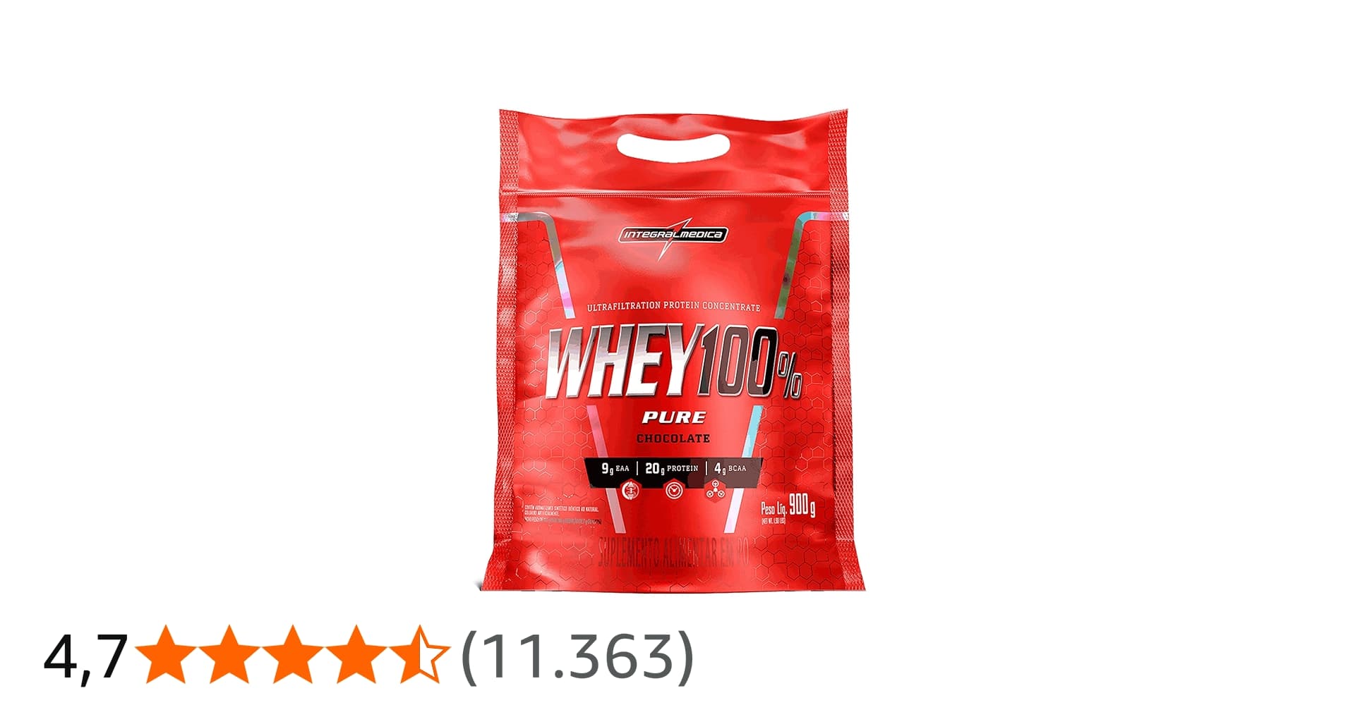 Integralmédica - Whey Protein Concentrado Chocolate 100% Pure - 21g de Proteína por Scoop, Suplementação Alimentar Pós-Treino, Fórmula Enriquecida com BCAAs - Pouch 900g