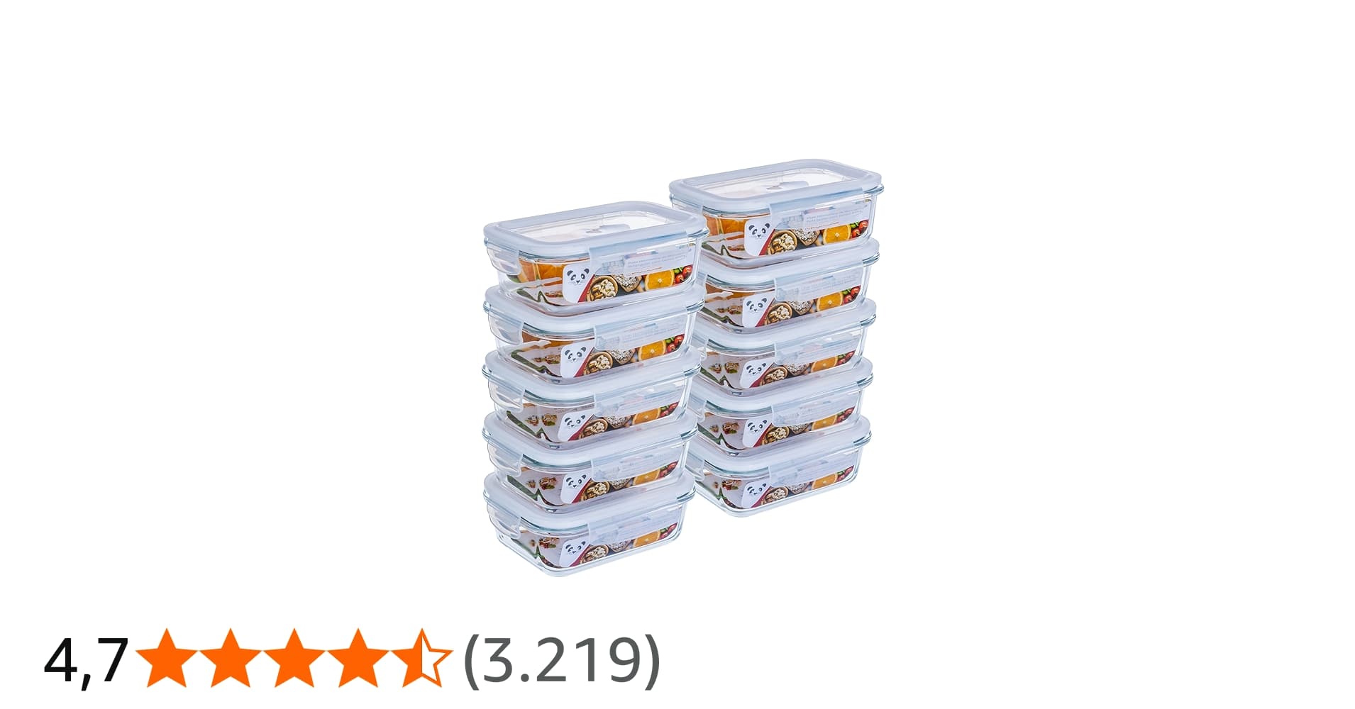 Gato Panda Potes de Vidro Retangulares com Tampa Hermética, 640ml, Vidro Borossilicato, Kit com 4, 5, 6, 10 Ou 12 Unidades (Branco)